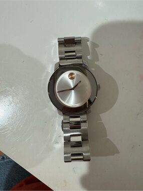 Movado Silver Museum Dial Watch with Rose Gold Dot